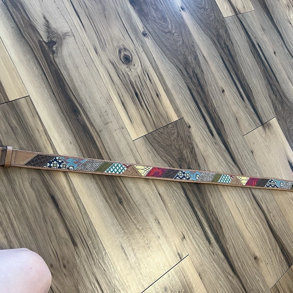Cinto fóssil feminino L lona couro patchwork colorido floral hippie boho - Imagem 3 de 4