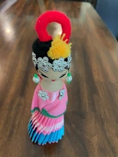 Asian Wooden Hand Painted Pink Dress Doll Vintage Collectible 7"