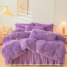 Faux Fur Purple Comforter Cover Queen Set, Soft Fuzzy Plush Purple Bedding Queen