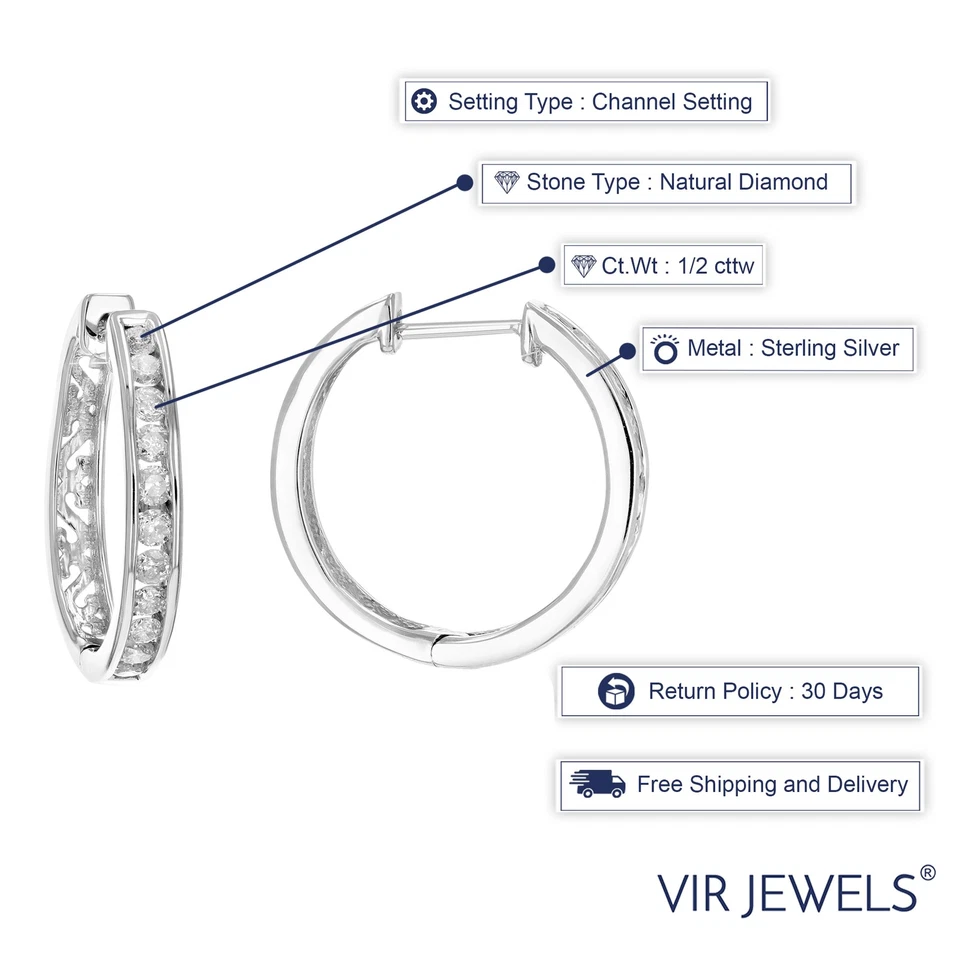 Aretes tipo argolla de diamantes de 1/2 quilate para mujer en plata de ley .925 redondos de 2/3 pulgadas Foto 4 de 4