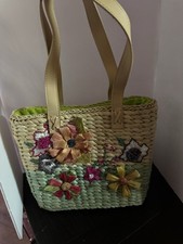 Vintage Basket weave lined Straw Purse/ Handbag with Raffia Flowers Boho