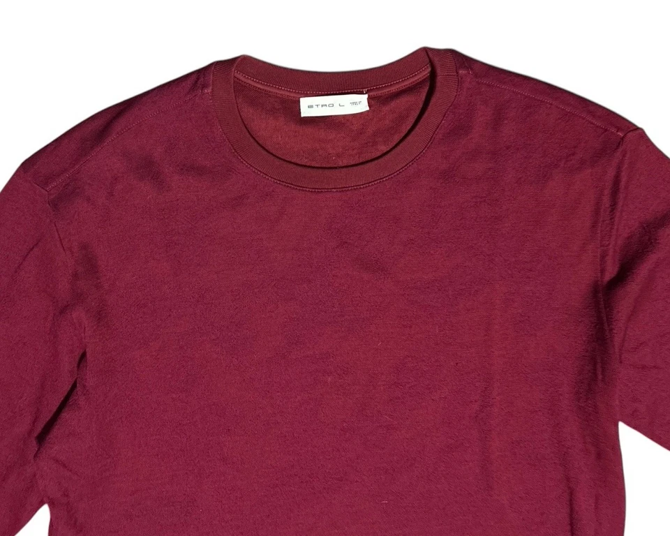 ETRO Milano Sweater Wool Cotton Crew Neck Maroon Red Men's L Tonal Paisley Italy - Image 2 of 4
