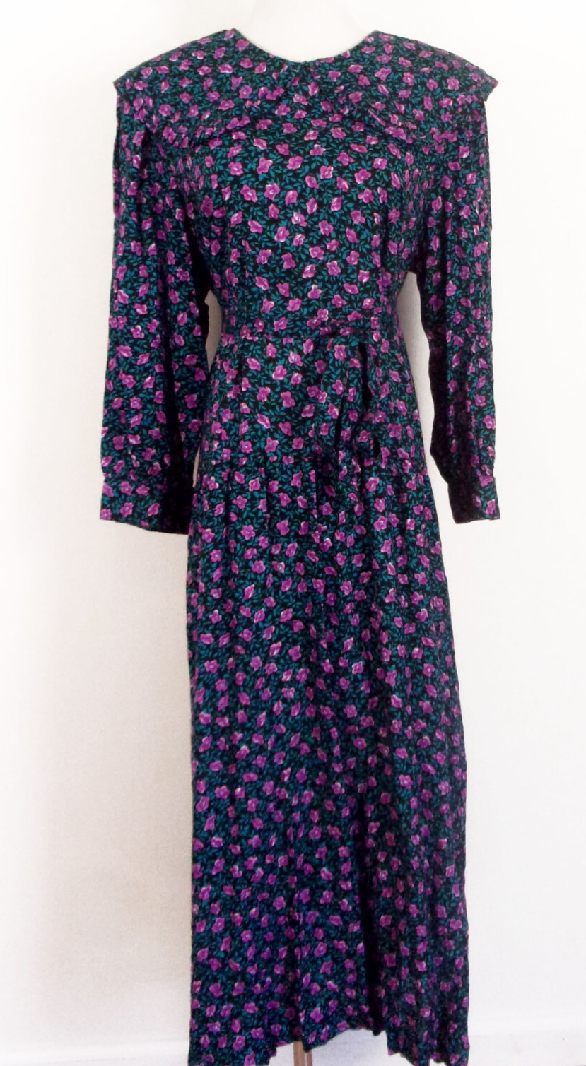 vintage 80s Lanz Originals Tiny Floral Cottagecore Dress Rayon USA Midi Maxi 16