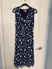 Isaac Mizrahi Always Isaac Twist Front Mesh Midi Dress-Navy DotBlu-Large-A638409