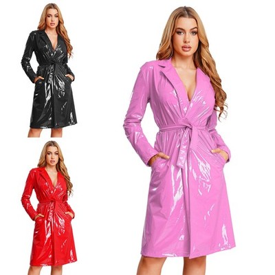 DE Damen Trenchcoat Lang Ledermantel Windjacke Kunstlederjacke Overcoat Clubwear