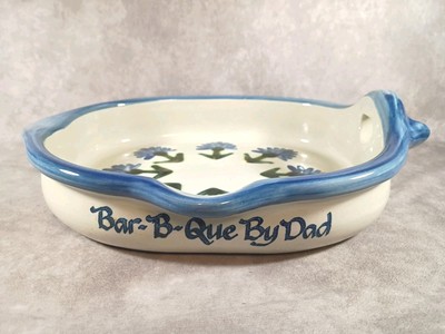Louisville Stoneware Oval Bowl Bachelor Button 'Bar-B-Que By Dad' w/ Pour Spouts