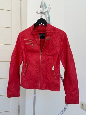 Womens Y2K Red Leather Moto Jacket Cropped Racer Biker Zip Up Vintage Style