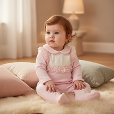 Baby Girl Velour Sleepsuit Frilly Babygrow Spanish All in One Pink