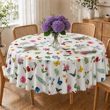 Oil-Resistant Waterproof Tablecloth - 60 Inch Round Colorful Floral Butterfly