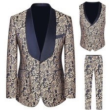 Men Navy Blue Jacquard Paisley Shawl Lapel Blazer Prom Groom Tuxedo Wedding Suit