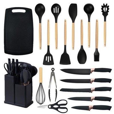 19 PCS Black Silicone Kitchen Cooking Utensils Knife Set Cutting Board