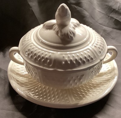 3 PC GIEN FRANCE PONT AUX CHOUX CREAM BOUILLON SOUP BOWL LID N LINER UNUSED MULT