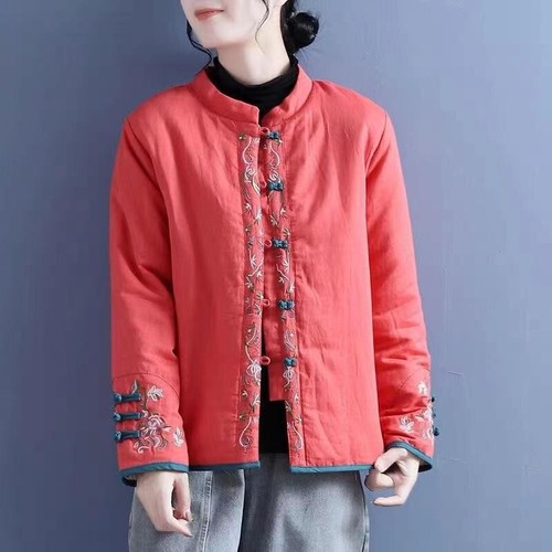 Women Short Padded Coat Quilted Jacket Chinese Embroidery Floral Frog Button Top - Picture 2 of 10