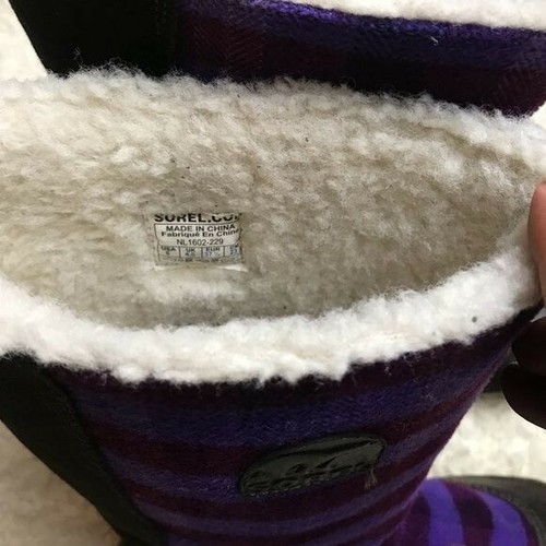 Sorel Sherpa Check Plaid Boots size 6 Brown Purple Suede Pull-on Cozy Cabincore - Picture 7 of 8