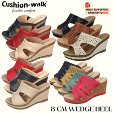 Ladies Cushion Walk Faux Leather Lined Peep Toe Mid Wedge Slip On Mules Sandals