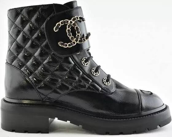 Auth 2023 Chanel Combat Boots Black 38 Shiny Patent Calfskin Quilted Lace Up