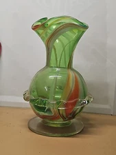 Beautiful Vintage End of Day Hand Blown Green Multi-Color Art Glass Vase 5.25" 