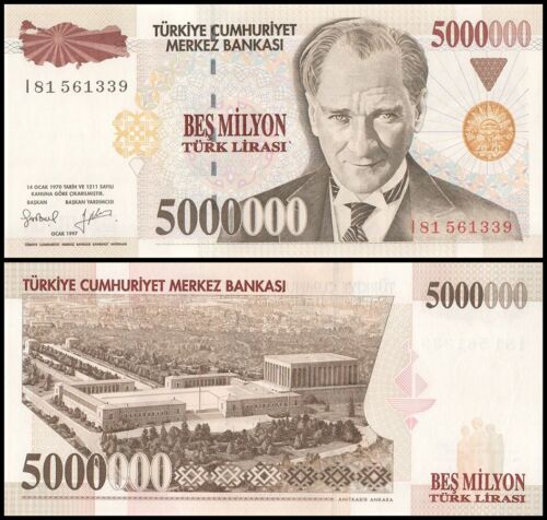 Turchia 5 milioni di lire, L.1970 (1997), P-210a, UNC, prefisso I - Foto 1 di 1