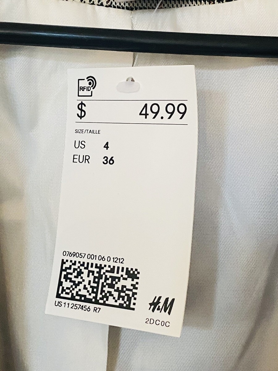 H&M Womens Blazer Open Front w/Belt Gray/Black/White Plaid