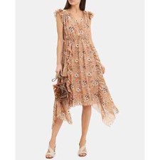 Ulla Johnson Ciel Beige Floral Silk Midi Dress Size 8
