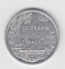 French Polynesia 1984. 2 Francs. Liberty sitting on throne. Palm trees, sailboat