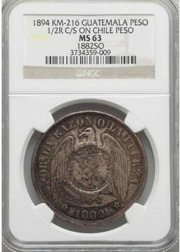 1894 Guatemala c/s 1882 Chile Peso 1/2 real silver counterstamp NGC MS63 KM-216