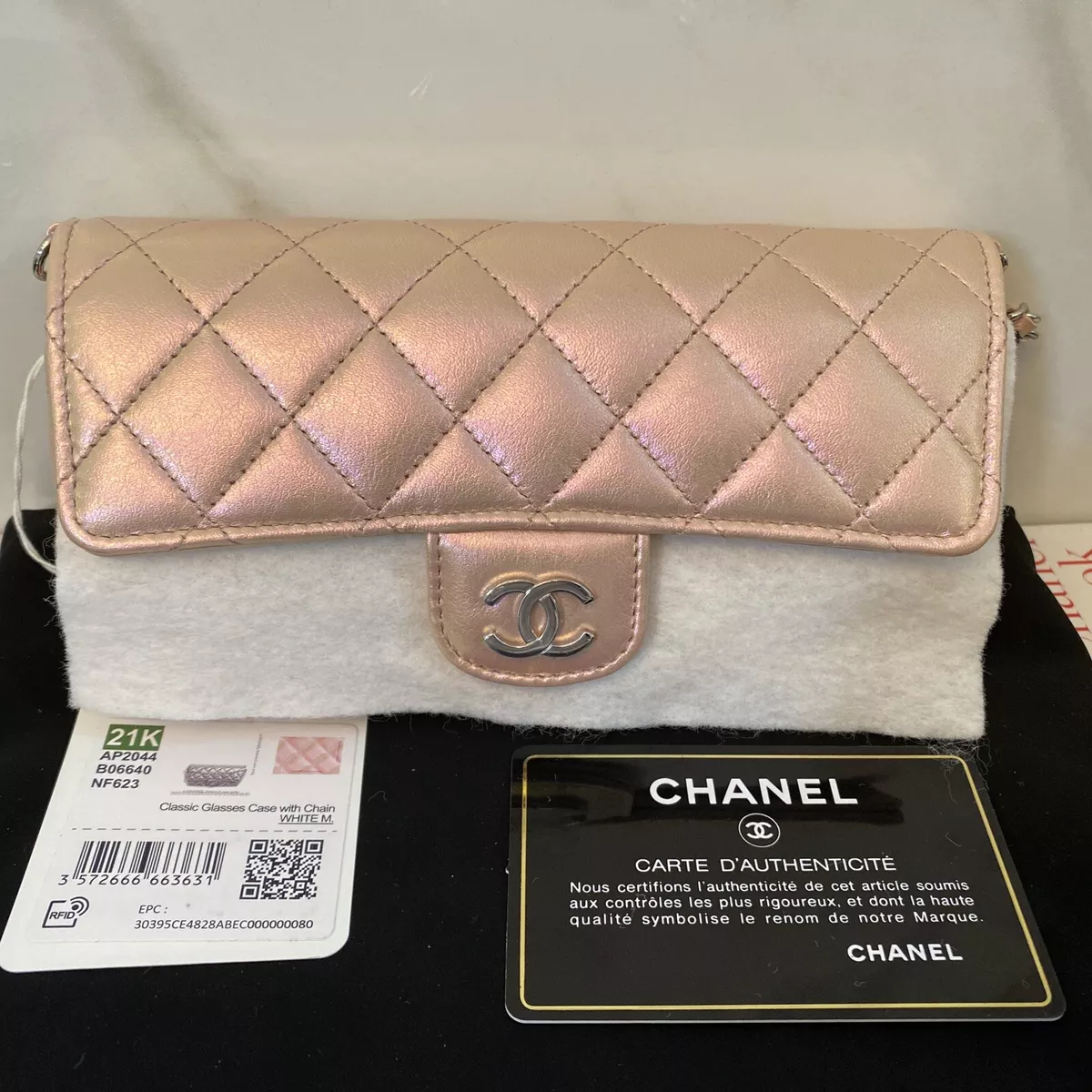 NWT CHANEL 21K Classic Mini Flap Bag Eyeglass Case W Chain