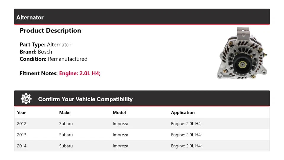 Alternador Bosch 2,0 L H4 2012-2014 Subaru Impreza (remanufacturado) 2013 Foto 2 de 4
