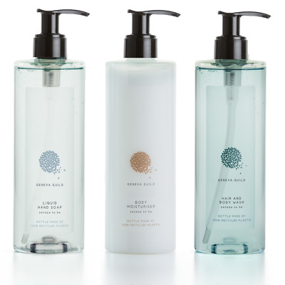 Geneva Guild Set 3x380ml Liquid Soap, Body Moisturiser, Hair and Body Shampoo