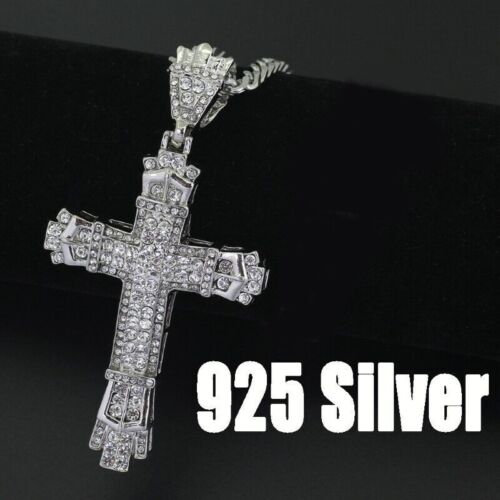 Crystal Cross Pendant Necklace 925 Silver Chain Womens Men's Jewellery Jesus - Afbeelding 1 van 6