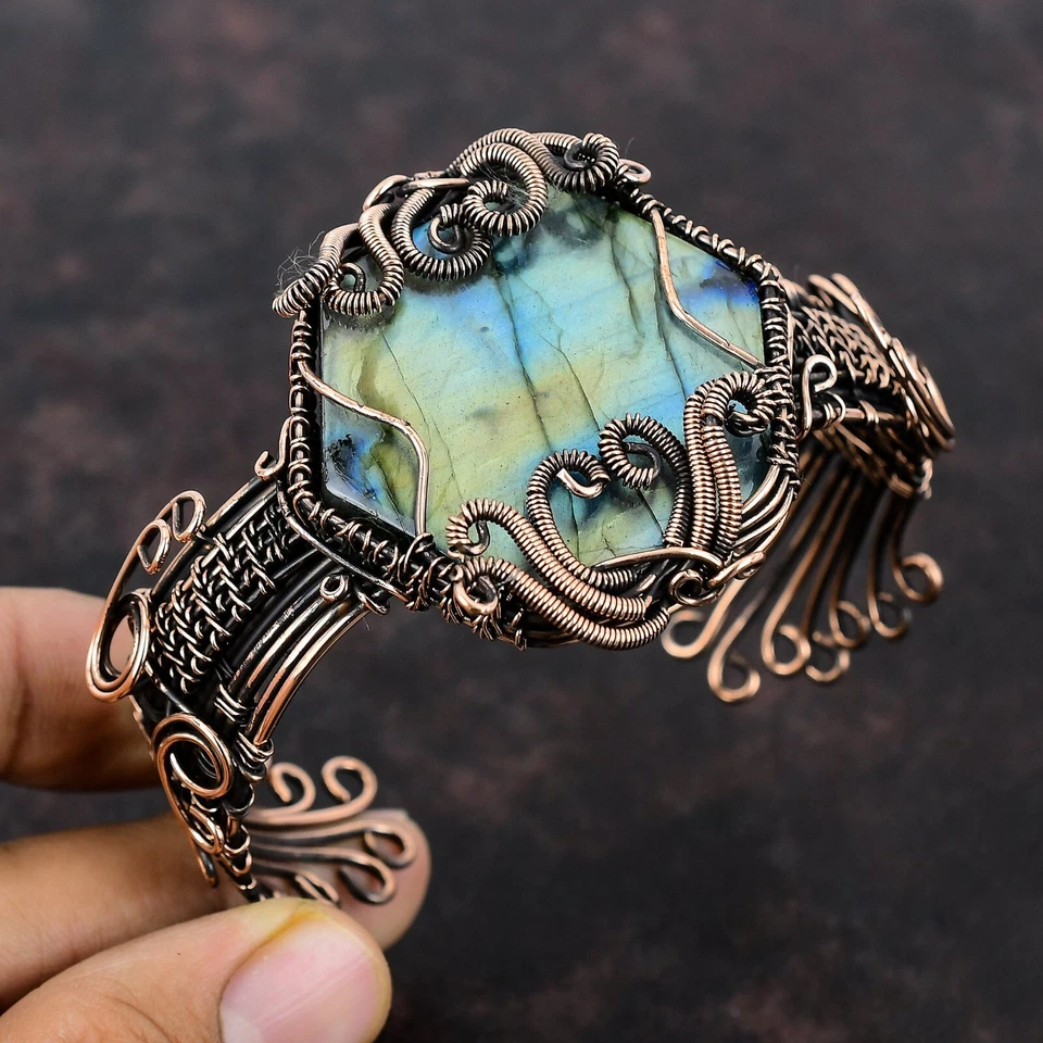 Women Day Gift Labradorite Jewelry Copper Love Gift Wire Wrapped Adjustable Cuff - Image 1 of 4