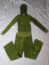 Vintage Y2K Juicy Couture Olive Green Velour Tracksuit Set Petite Made in USA