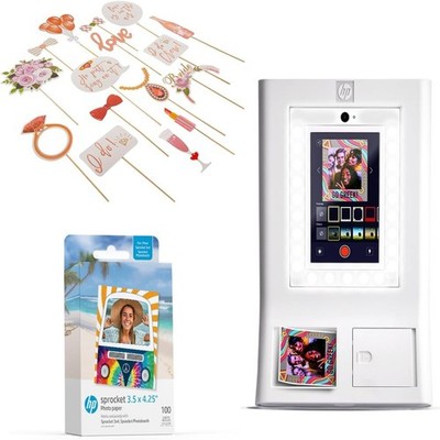 HP Sprocket Photo Booth Printer Bundle, 100 Zink Paper & Bridal Props - White