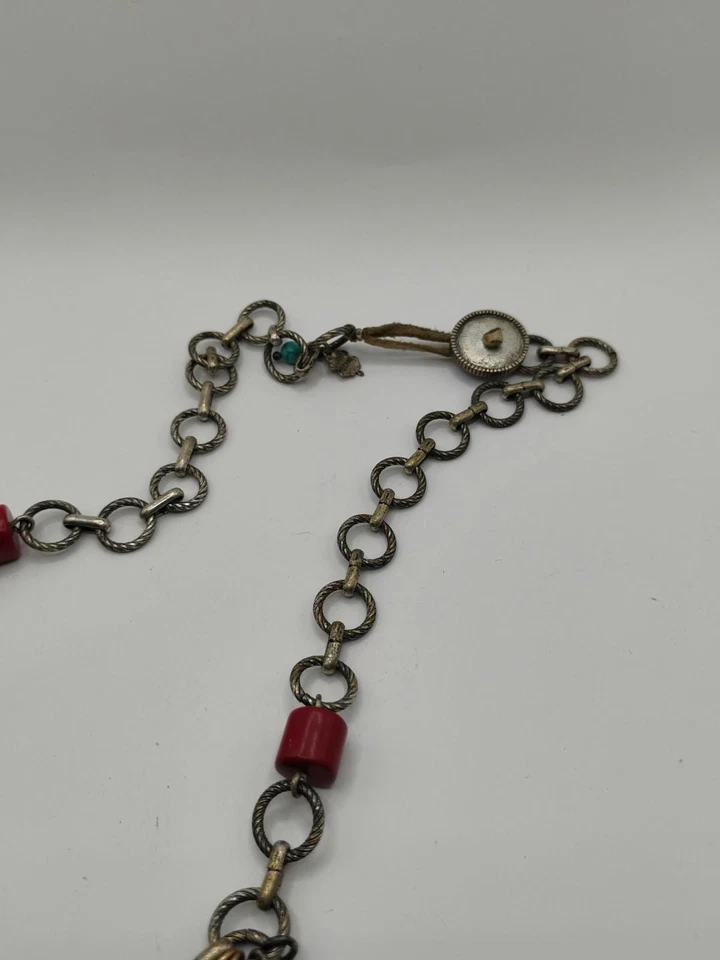 Collar Lucky Brand Rojo Plata Coral Cuero Cuentas Suroeste Multi Cadena Capas Foto 4 de 4