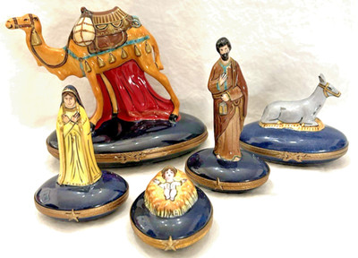 Limoges France Nativity Set 5  Peint Main Hinged Boxes Christmas Camel