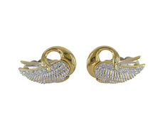 VINTAGE RARE GOLD & SILVER TONE SWAN RHINESTONE CRYSTAL JEWELED CLIP-ON EARRINGS