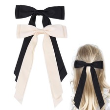 Satin Bow Hair Clips for Women, Silkly Black 5.3 Inch, Beige