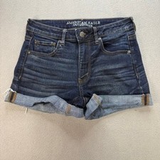 American Eagle Super Hi-Rise Shortie Denim Shorts Slim 4 Blue Cuffed Stretch
