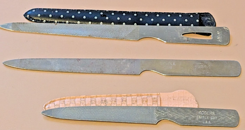 Set Of 3 Vintage Triple Cut Metal Nail Files & 2 sheathes Rogers Farr Trim USA