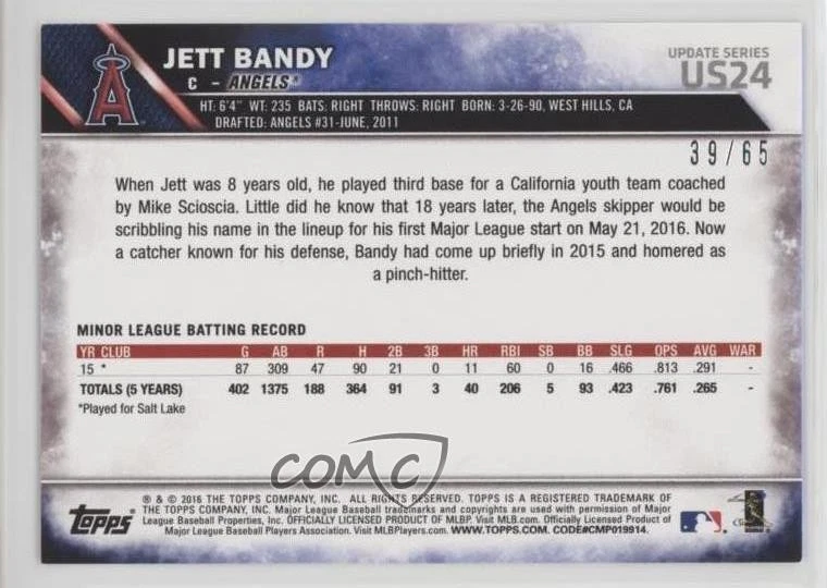 2016 Topps Update Black /65 Jett Bandy #US24 Rookie RC - Image 2 of 2