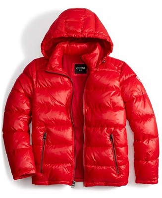 GUESS Men's XL Red Hooded Puffer Jacket Full Zip Quilted Solid Logo