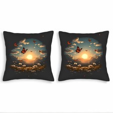Set of 2 18x18in Throw Pillow Covers-Serene Sunset Landscape Daisies Butterflies