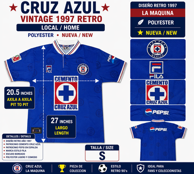 Vintage Cruz Azul 1997 Home Jersey Cemento Pepsi Retro Size S 20.5