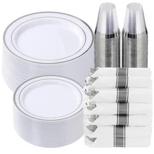 New Best Goodluck 350 Piece Silver Plastic Dinnerware Set for 50 Guests, Fancy