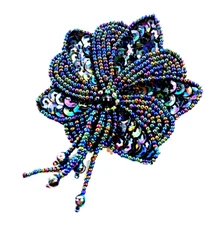 Vintage Leather Black & Blue Sequins & Seed Beads Flower Shaped  Brooch