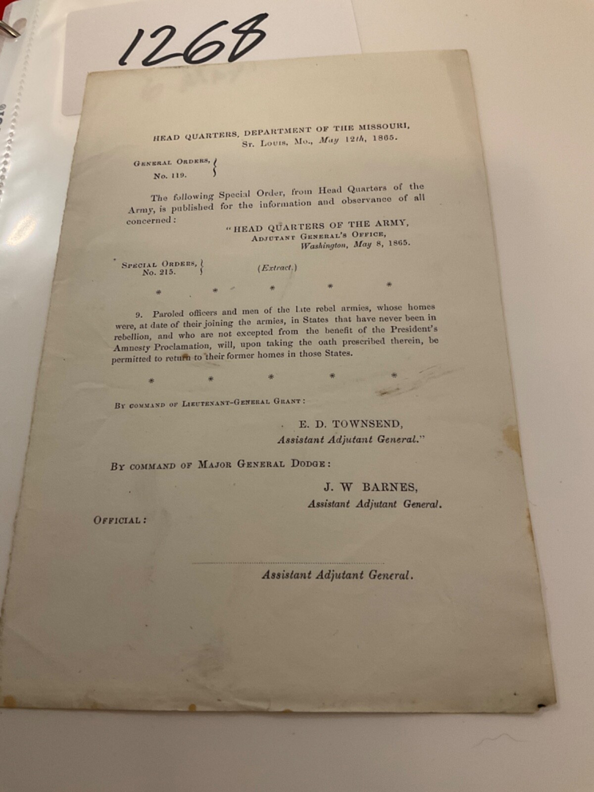 1268 CIVIL WAR MISSOURI PAROLED REBEL OATH GENERAL ORDER GENERAL DODGE 1865