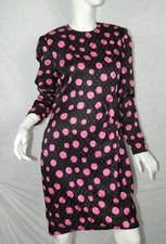 Vintage David Hayes Dress Vintage Black Fuchsia Pink Silk Polka Dots Size 8