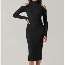 ASTR The Label Cold Shoulder Mock Neck Midi Ribbed Bodycon Grey Sweater Dress Sm