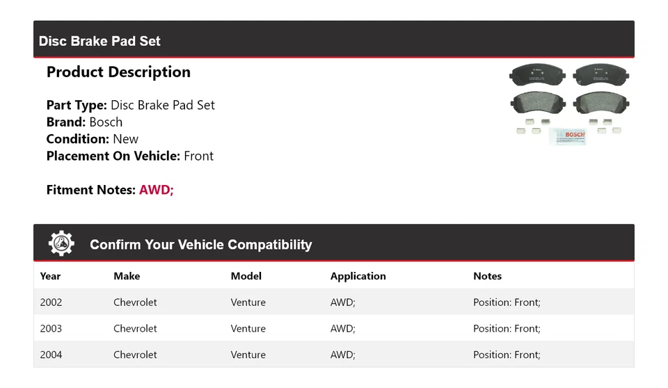 Pastillas de freno delanteras semimetálicas Bosch 2003 para Chevrolet Venture 2002-2004 AWD Foto 2 de 4