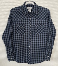 Wrangler Wrancher Shirt Mens M Blue Light Blue Plaid Pearl Snap Western Cowboy